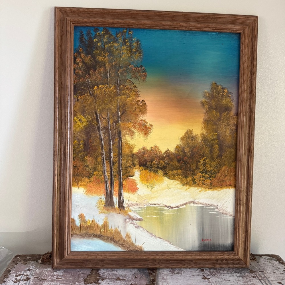 Autumn Landscape Impasto Oil Painting Wood Frame Sunset Fall Foliage Wall Decor